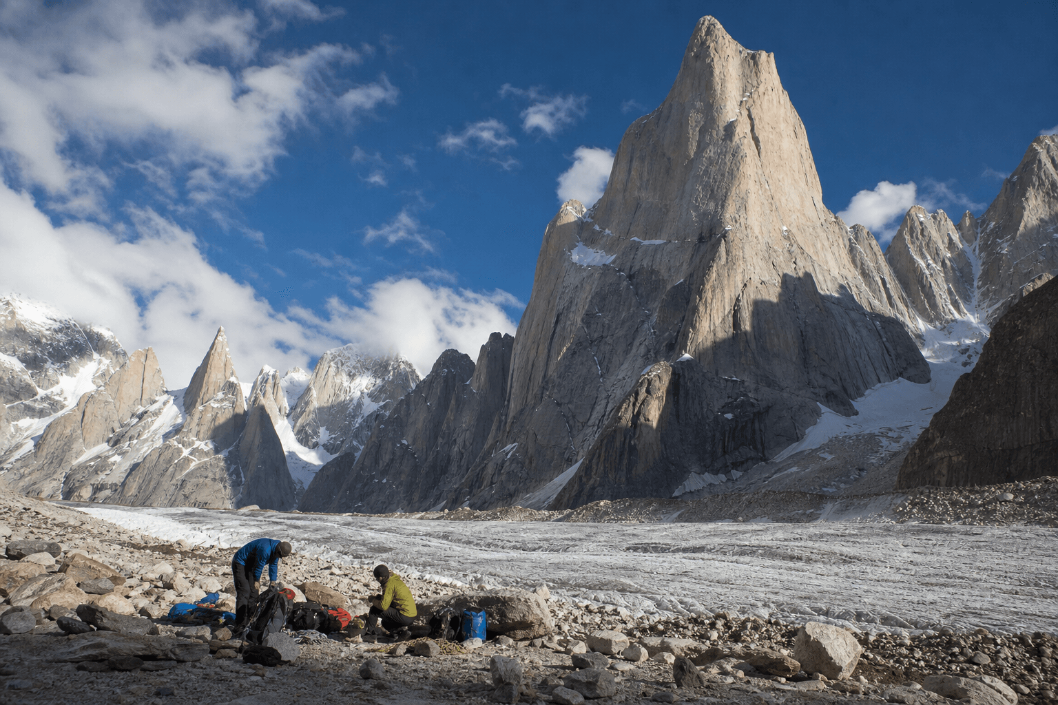 Granite towers rising above a glacier in the Karakoram