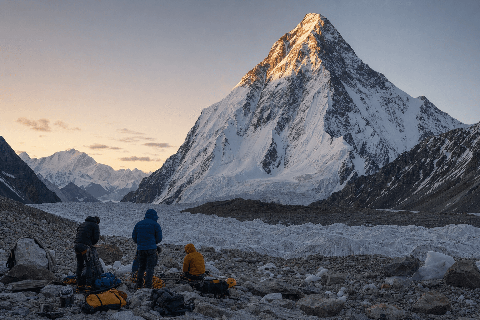 K2 at first light above a climbing team on the Godwin-Austen Glacier