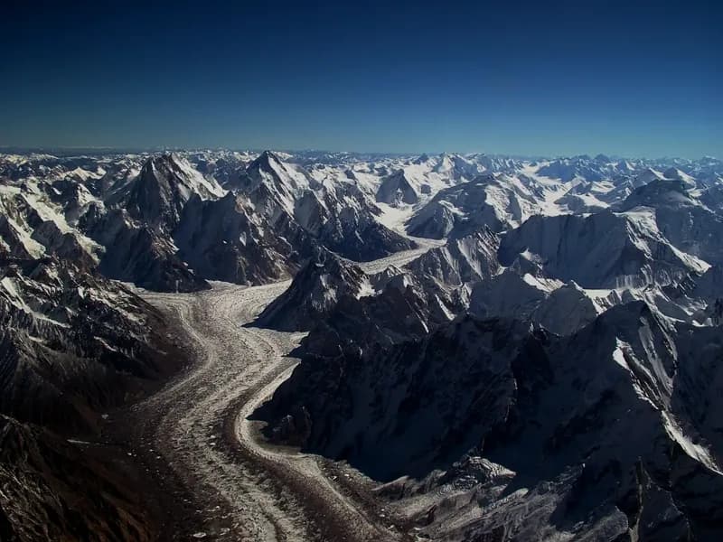 Aerial view across the debris-covered Baltoro Glacier in the central Karakoram