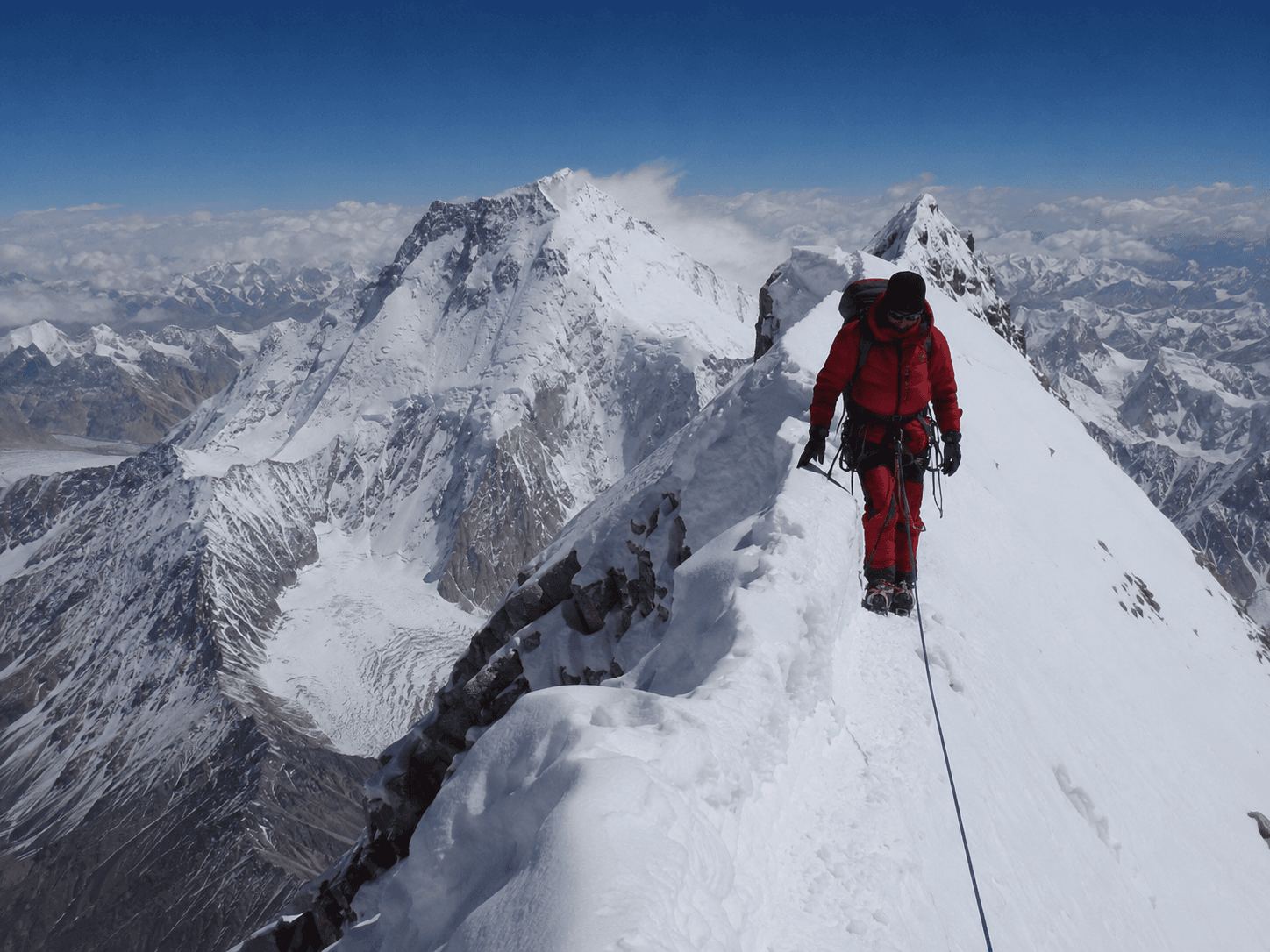 Broad Peak rising above the upper Baltoro and Godwin-Austen glacier system