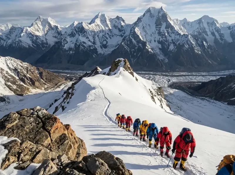 Climbers crossing the snow-covered Gondogoro La in the Karakoram