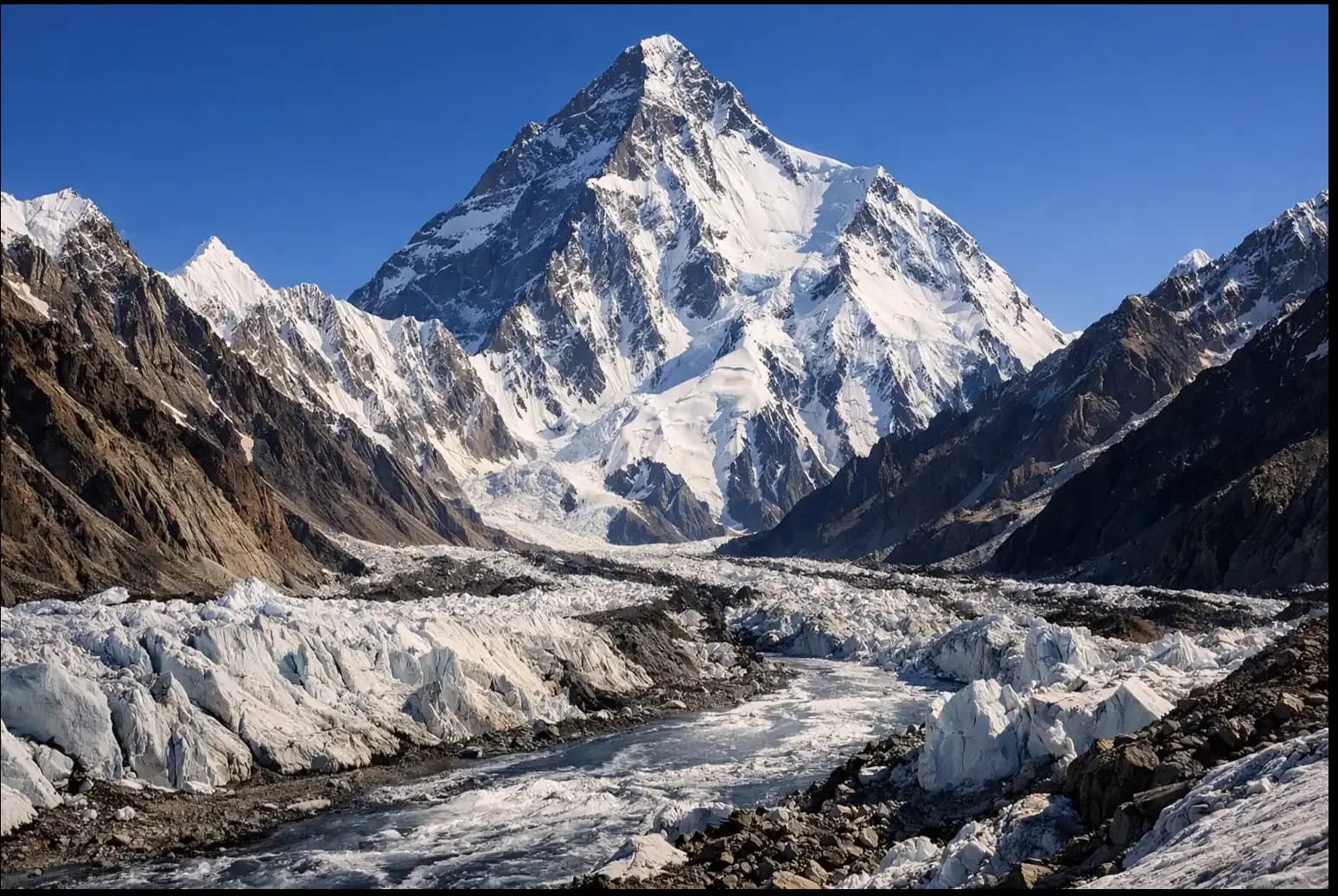 K2 above the Godwin-Austen Glacier on a permitted Karakoram expedition route