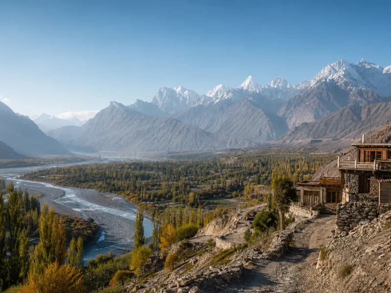 Art-directed view of a cultivated valley, river, villages and Karakoram mountains representing the Skardu and Shigar journey