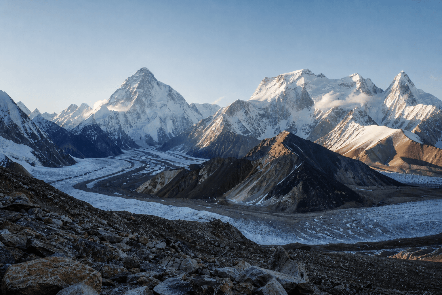 A panoramic view of the Karakoram mountains and Baltoro Glacier