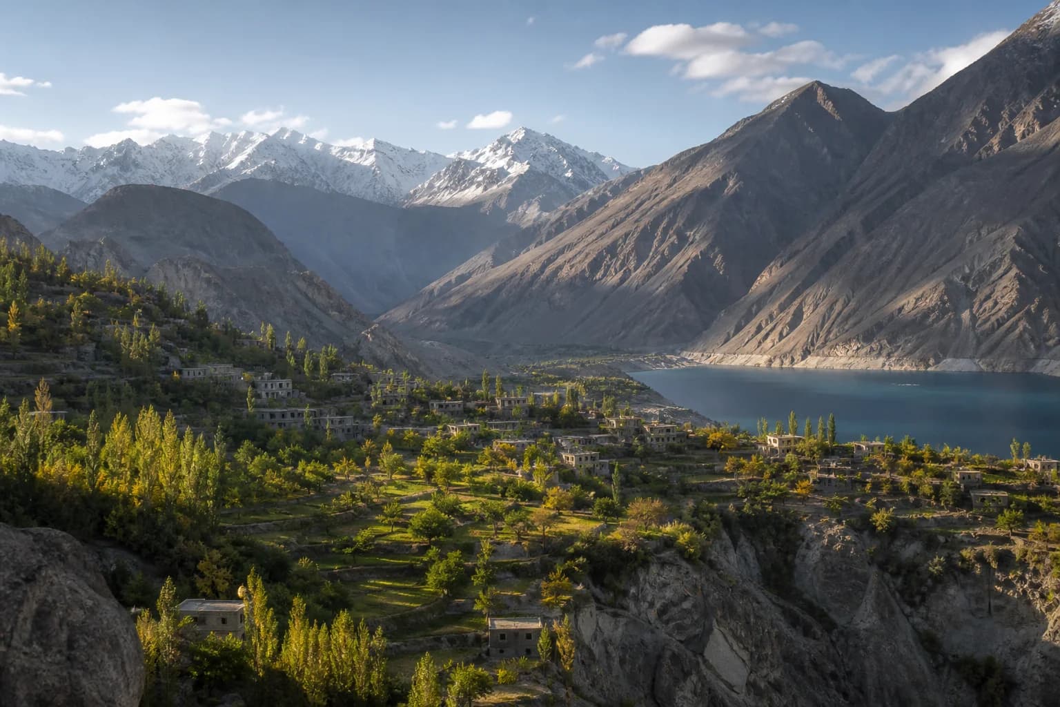 Art-directed view of terraced villages, a mountain lake and Karakoram peaks representing the Hunza and Gilgit-Baltistan journey
